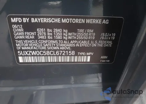 2012 BMW X5 xDrive35D z USA, uszkodzony, nr VIN 5UXZW0C58CL672158